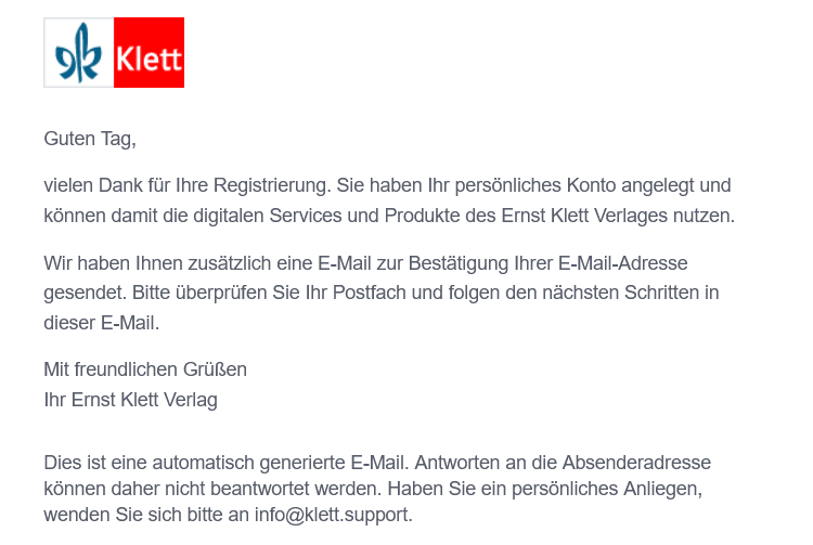 Screenshot Bestätigungs-E-Mail Klett